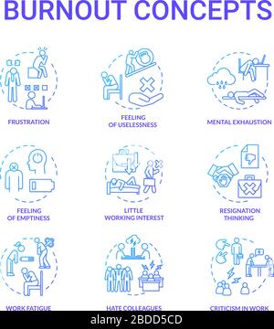 Burnout blue concept icons set. Feeling of emptiness. Work fatigue. Mental exhaustion. Little working interest. Frustration idea thin line RGB color Stock Vector