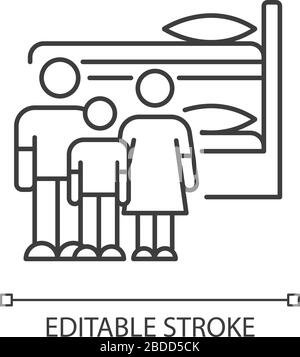 Family dormitory pixel perfect linear icon. Shared dorm room. Common bedroom. Bunk bed. Hostel. Thin line customizable illustration. Contour symbol Stock Vector