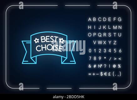 Best choice neon light icon. Outer glowing effect. Sign with alphabet, numbers and symbols. Brand equity, image. Luxurious banner ribbon with stars Stock Vector
