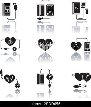 Early pregnancy symptom drop shadow black glyph icons set. High blood pressure. Manometer measure. Hypertension. Tonometer to track heartbeat Stock Vector