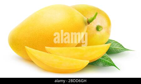 Isolated yellow mangoes. Two mango fruits and slices isolated on white background with clipping path Stock Photo