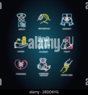 Friendship and support neon light icons set. Signs with outer glowing effect. Best friends connection. Interpersonal relationship, friendly Stock Vector