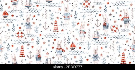 Seamless nautical baby pattern with sea rabbit, bunny, fish, anchor,. Nursery marine kids childish background. Cute watercolor Vector illustration. Ma Stock Vector
