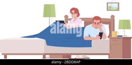 Married couple in bed using devices semi flat RGB color vector illustration. Gadgets overuse, addiction, lack of communication. People with Stock Vector