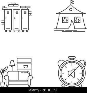 Dormitory conditions pixel perfect linear icons set. Gym, swimming pool storage closets. Marquee tent. Customizable thin line contour symbols Stock Vector
