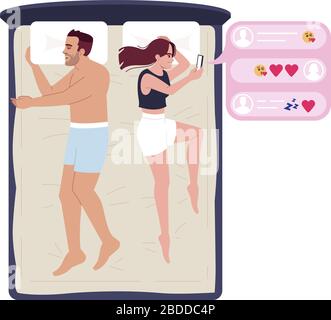 Wife and husband in bedroom resting semi flat RGB color vector illustration. Problem in family. Man sleeping and woman chatting with lover, texting Stock Vector