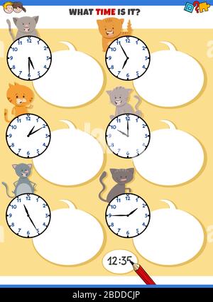 Cartoon Illustrations of Telling Time Educational Activity with Clock Face and Funny Cats and Kittens Animal Characters Stock Vector