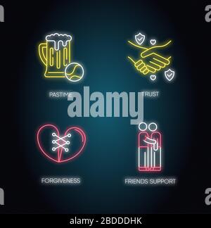 Best friends neon light icons set. Signs with outer glowing effect. Strong interpersonal bond, friendship. Pastime, trust, forgiveness and friends Stock Vector