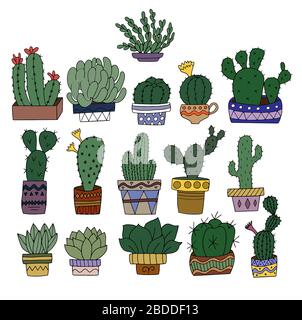 A set cacti in painted flower pots. Vector graphics for the design of botanical magazines and illustrations Stock Vector