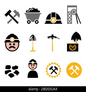 Coal mine, miner vector icons set - mining industry, coal production color design Stock Vector