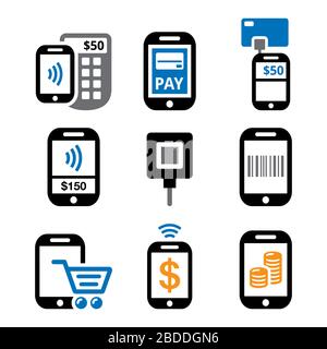 Mobile or cell phone payments, paying online using credit or debit card and smartphone vector icon set Stock Vector