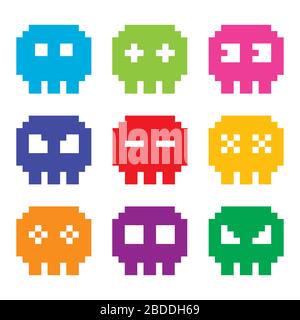 Pixelated 8bit skull vector icons set - color, ghosts or skulls 80's style design Stock Vector