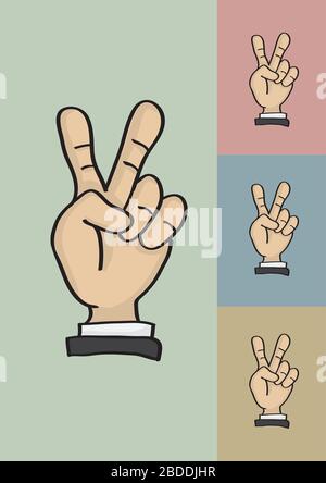 Vector illustration of a cartoon hand holding up two fingers in peace or victory sign isolated on different color background Stock Vector