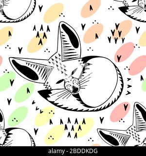 Fennec fox. Linear illustration. Cute kids cartoon style. Seamless pattern. Stock Vector