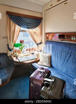 compartment in a luxury Trans-Siberian Express; Train compartment; Long distance train; sleeping car Stock Photo