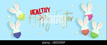 Easter banner or greeting card. Have a healthy and happy easter. Rabbits in a medical mask. Horizontal banner and header for web site. Realistic Stock Vector