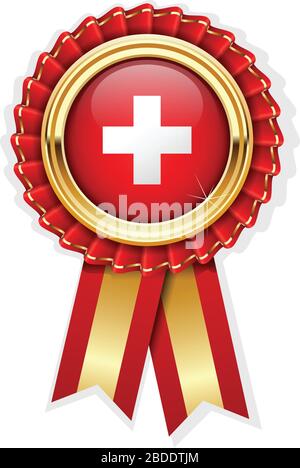 Red rosette with Switzerland flag in gold badge, Swiss award or quality symbol Stock Vector