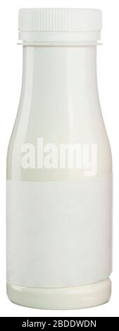 White plastic milk or yogurt bottle with blank label isolated on white. Stock Photo