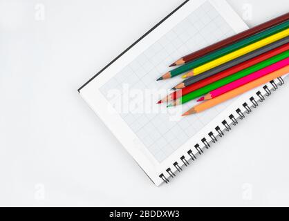 Some different colored pencil crayons scattered on top of an open isolated white paper diary Stock Photo