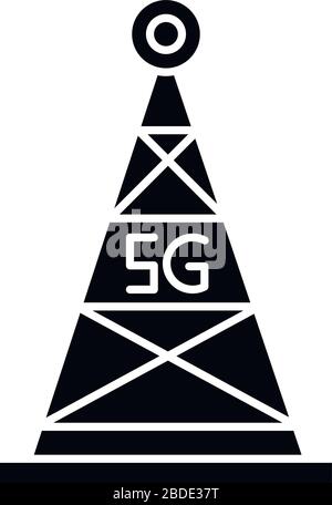 5G cell tower black glyph icon. Antenna signal. Wireless technology. Fast connection. Mobile cellular network coverage. Silhouette symbol on white Stock Vector