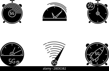 5G fast speed connection black glyph icons set on white space. Stop-watches, speedometer. Mobile cellular network. Low latency Internet access Stock Vector