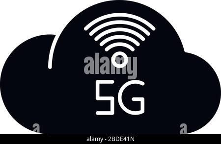 5G cloud service black glyph icon. Cloud computing. Remote workforce. Network storage. Wireless technology. Fast connection. Silhouette symbol on Stock Vector