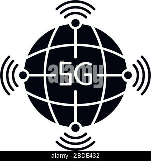 5g worldwide availability black glyph icon. Global deployment. Mobile cellular network coverage. Wireless technology. Silhouette symbol on white space Stock Vector
