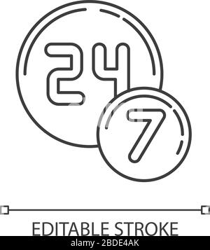24 7 circle badge pixel perfect linear icon. Twenty four seven round sign. All week open store. Thin line customizable illustration. Contour symbol Stock Vector