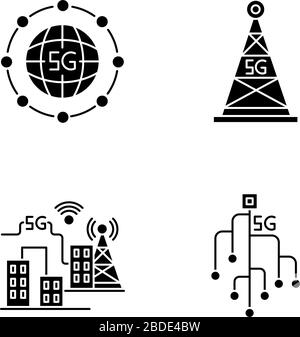 5G wireless technology black glyph icons set on white space. Smart city. Microchip. Cell tower. World standard. Fast speed. Mobile cellular network Stock Vector