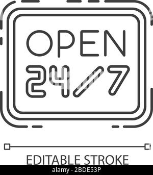 Open 24 7 hours pixel perfect linear icon. Twenty four seven store. Hanging retail sign. Thin line customizable illustration. Contour symbol. Vector Stock Vector