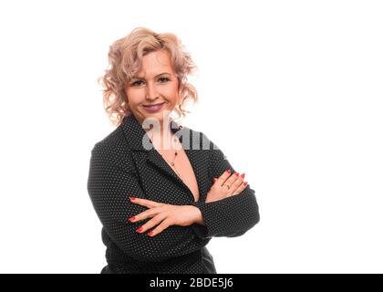 Close up portrait of a smiley middle-aged businesswoman over white background. Stock Photo