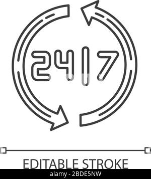 Open around the clock pixel perfect linear icon. 24 7 hour service. Open store. Circular arrows. Thin line customizable illustration. Contour symbol Stock Vector