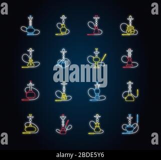 Hookah neon light icons set. Sheesha bar. Hooka accessories. Smoke area. Vapor, vaping. Tobacco option. Arabic lounge. Signs with outer glowing effect Stock Vector