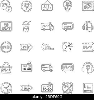24 7 hour service pixel perfect linear icons set. Around the clock working hours of convenience store. Customizable thin line contour symbols Stock Vector