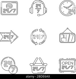 24 7 hour service pixel perfect linear icons set. Around the clock working hours of store. Customizable thin line contour symbols. Isolated vector Stock Vector