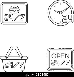 24 7 hour service pixel perfect linear icons set. Everyday open burger cafe. 24 hrs available restaurant. Customizable thin line contour symbols Stock Vector