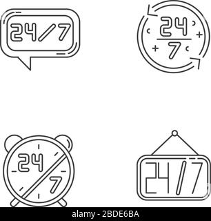 24 7 hour service pixel perfect linear icons set. Online all day customer support. 24 hrs call center. Customizable thin line contour symbols Stock Vector