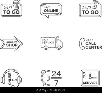 24 7 hour service pixel perfect linear icons set. Online 24 hrs customer support. Everyday delivery. Customizable thin line contour symbols. Isolated Stock Vector