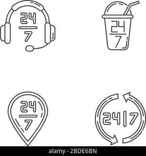 24 7 hour service pixel perfect linear icons set. Customer support. Twenty four seven open bar. Customizable thin line contour symbols. Isolated Stock Vector