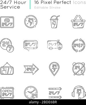 24 7 hour service pixel perfect linear icons set. Burger cafe open all day. 24 hrs available delivery. Customizable thin line contour symbols Stock Vector