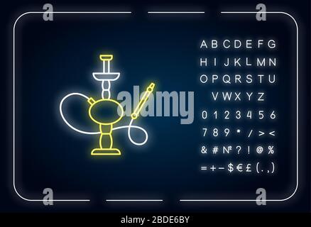 Hookah neon light icon. Sheesha house. Traditional shisha. Nargile lounge. Smoking area. Outer glowing effect. Sign with alphabet, numbers and symbols Stock Vector