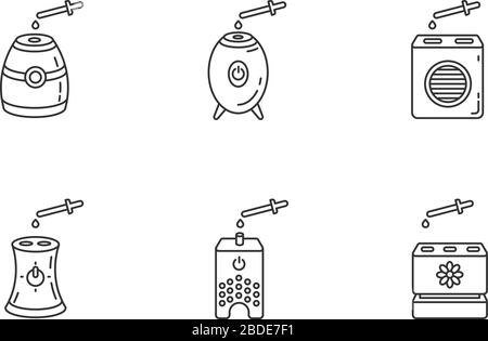 Air purifiers with oils pixel perfect linear icons set. Climate devices, air fragrances. Customizable thin line contour symbols. Isolated vector Stock Vector