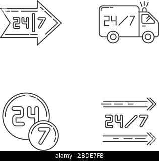 24 7 hour service pixel perfect linear icons set. Available delivery truck. Arrow point direction. Customizable thin line contour symbols. Isolated Stock Vector