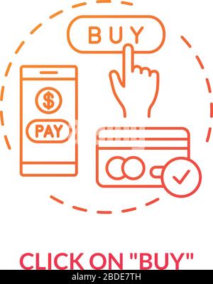 Click on Buy red concept icon. Purchase with mobile app. Internet store. Pay with credit card. Press button. Roaming idea thin line illustration Stock Vector