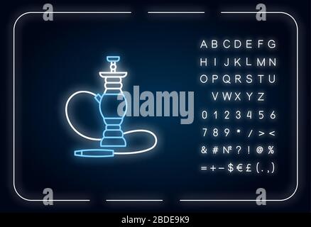 Hookah neon light icon. Sheesha house. Smoke pipe and relax indoors. Nargile lounge. Outer glowing effect. Sign with alphabet, numbers and symbols Stock Vector