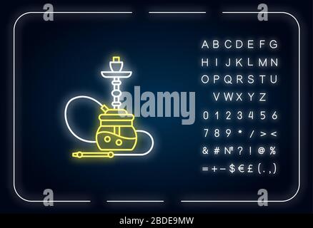 Hookah neon light icon. Sheesha house. Party object. Nargile lounge. Odor from pipe. Smoking area. Outer glowing effect. Sign with alphabet, numbers Stock Vector