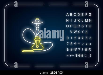 Hookah neon light icon. Sheesha house. Assembled hooka body. Nargile lounge. Smoking area. Outer glowing effect. Sign with alphabet, numbers and Stock Vector