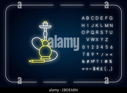 Hookah neon light icon. Sheesha house. Egyptian relaxation. Nargile lounge. Smoking area. Outer glowing effect. Sign with alphabet, numbers and Stock Vector