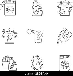 Laundry types pixel perfect linear icons set. Coin wash service, washer, steam and eco dry cleaning. Customizable thin line contour symbols. Isolated Stock Vector