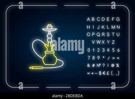 Hookah neon light icon. Sheesha house. Hooka accessories shop. Nargile lounge. Odor from pipe. Outer glowing effect. Sign with alphabet, numbers and Stock Vector